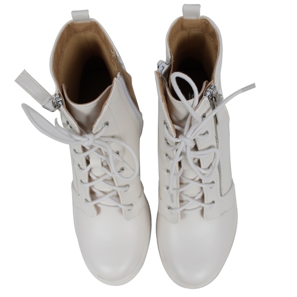 White Lace Up Combat Block Heel Ankle Bootie - Picture 3 of 5
